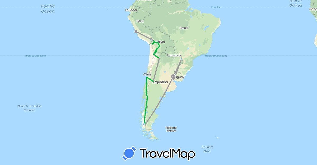 TravelMap itinerary: driving, bus, plane in Argentina, Bolivia, Chile, Peru (South America)